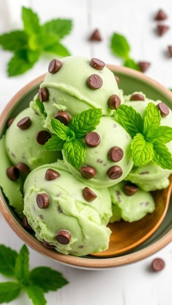 Mint chocolate chip ice cream in a bowl, garnished with mint leaves and chocolate chips.